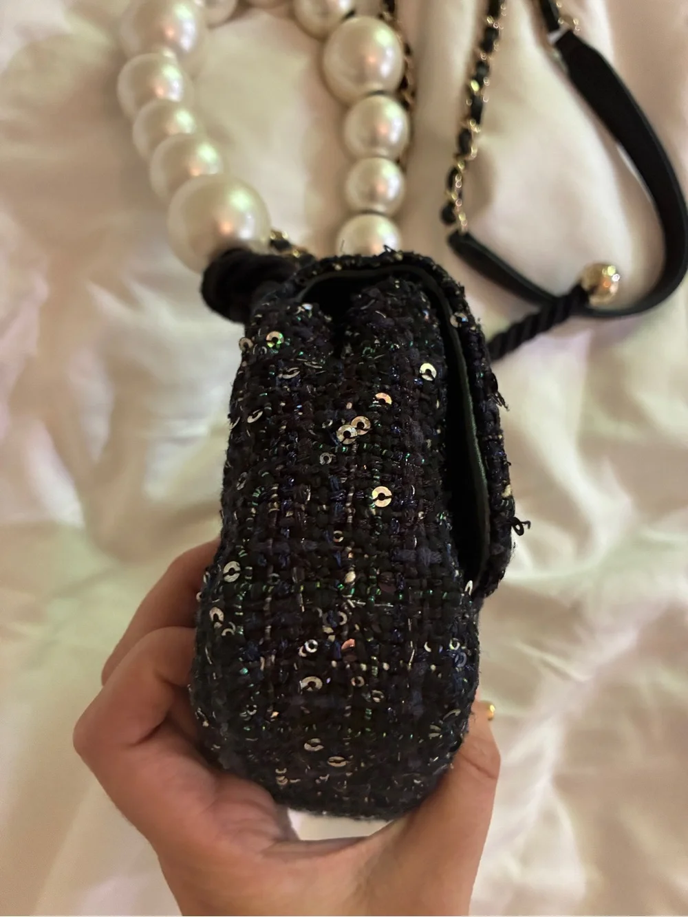Chanel Black Sequined Pearl-Handle classic flap Mini Shoulder Bag runway